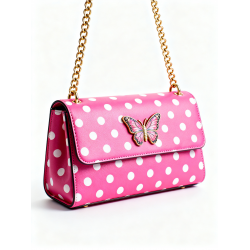 Pink Polka Dot Shoulder Bag for Women's with Butterfly Accent, Gold Chain Strap