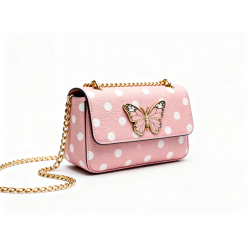 Pink Polka Dot Shoulder Bag for Women's with Butterfly Accent, Gold Chain Strap