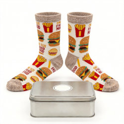 Brand New Pair Of ONE SIZE FAST FOOD NOVELTY SOCKS , In Presentation Tin