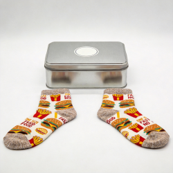 Brand New Pair Of ONE SIZE FAST FOOD NOVELTY SOCKS , In Presentation Tin