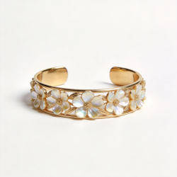 18K Gold Plated Floral Cuff Bracelet Mother of Pearl Flower Adjustable Bangle
