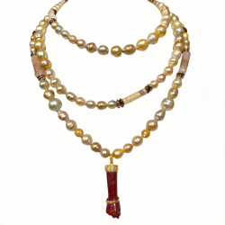 By Danilova, Baroque Gold Pearl, Jasper & Pink Ruby, Pendant Rope Necklace