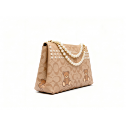 Women's Nora Teddy Bear Novelty Beaded Clutch Shoulder Bag Tan
