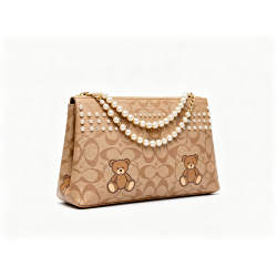 Women's Nora Teddy Bear Novelty Beaded Clutch Shoulder Bag Tan