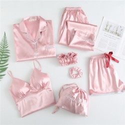 Women's 7-Piece Solid Color Faux Ice Silk Pajamas - Casual Sweet Camisole with Built-in Pads - Loungewear for Spring/Summer/Autumn