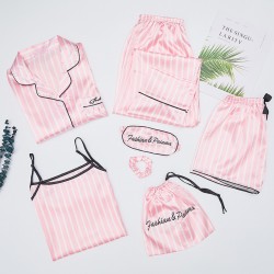 2025 Manufacturer Direct Women's 7-Piece Korean-Style Faux Silk Pajamas - Long-Sleeve Cardigan Loungewear for Spring & Autumn