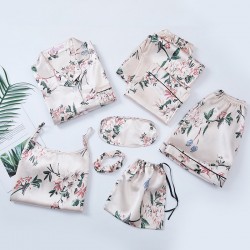 New Spring/Autumn Women's 7-Piece Faux Silk Pajama Set - White Flower Print - Long Sleeves, Camisole & Shorts