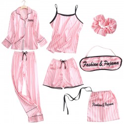 Factory Direct Women's 7-Piece Silk Pajama Set - 4-Season Wear Autumn Long Sleeve, Shorts & Camisole, Ice Silk