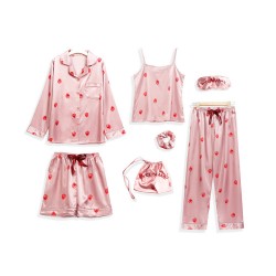 Spring Autumn New Women's 7-Piece Silk-Like Pajama Set - Strawberry Print Long Sleeve, Camisole & Shorts Loungewear
