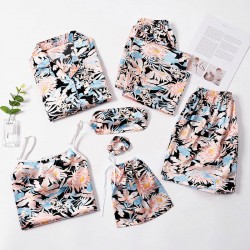 New Women's 7-Piece Silk Pajama Set - European Style - Long Sleeves, Shorts & Camisole - Spring/Summer - All-Season Wear