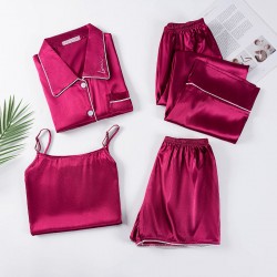 New Women's 4-Piece Pajama Set - Sweet Solid Color 5050 Fabric - Thin Summer Style - All-Season Wear