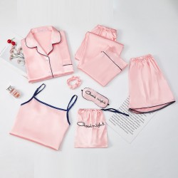 New 7-Piece Women's Silk Pajama Set - Long Sleeves, Shorts & Camisole - European & American Style - All-Season Wear