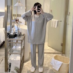 New Ribbed Women's Pajama Set - Korean-Style Long Sleeve Loose Cute Loungewear, Spring Autumn Winter Wearable-Outside