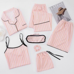 Women's 7-Piece 4-Season Silk-Like Pajama Set - Rayon Long Sleeve & Pants, Factory Direct Silk Loungewear