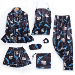 Manufacturer Direct Women's 7-Piece Silk Pajama Set - Long Sleeves, Shorts & Camisole - Spring/Summer - All-Season Wear