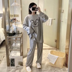 New Ribbed Women's Pajama Set - Korean-Style Long Sleeve Loose Cute Loungewear, Spring Autumn Winter Wearable-Outside