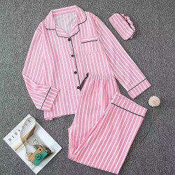 Women's Striped Bubble Wrinkle Cotton Pajamas - 7-Piece Set with Long Sleeves, Pants & Eye Mask - Wearable Outside for OZON