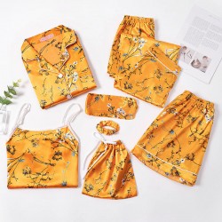 Women's New 7-Piece Silk Pajama Set - Long Sleeves & Camisole - European Style - All-Season Wear