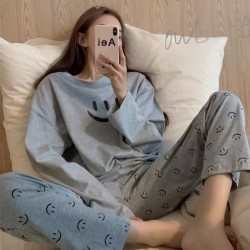 New Spring & Autumn Korean-Style Women's Pajamas - Sweet Full-Print Smile Loungewear Set - Round Neck Pullover, Wearable Outside