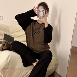 New Women's Korean-Style Pajama Set - Sweet Smiley Face Print Loungewear, Spring Autumn Winter Wearable-Outside