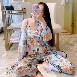Women's 3-Piece 4-Season Ice Silk Pajama Set - Sexy Casual Thin Sling, Long Pants & Robe, Loungewear