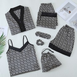 Factory Direct Women's 7-Piece Silk-Like Pajama Set - 4-Season Wear Spring Summer Long Sleeve & Camisole, Sexy Loungewear