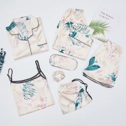 Women's 7-Piece 4-Season Pajama Set - Ice Silk Long Sleeve & Camisole, Lily Print Silk-Like Loungewear Set, Factory Supply