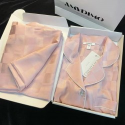 New Silk Jacquard Checkered Pajama Set for Women - Luxury Solid Color Ice Silk - Long Sleeves & Pants - Spring/Summer Home Wear