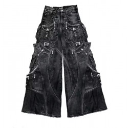 Loose Fit Embroidered Folded Jeans Black Street Wear Loose Jeans Cotton Jeans For Men Man Jean