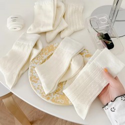 Ins Style Cream White Girls' Medium Socks Spring and Summer Thin Mesh Breathable Pile Socks for Women