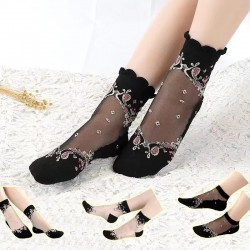 Style Non-slip Cotton Bottom Summer Crew Ankle Socks Transparent Crystal Socks Thin Embroidery Socks for Women