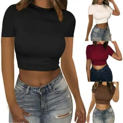 Women's Top Summer New Round Neck Slim Fit Solid Color Short Sleeved T-shirt Top for Women OEM