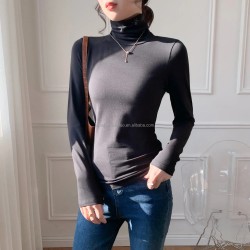 Women's Slim-Fit Daily Wear Pullover Tops Thermal Solid Color High Collar Long Sleeve Sweater Pure Cotton T-shirt