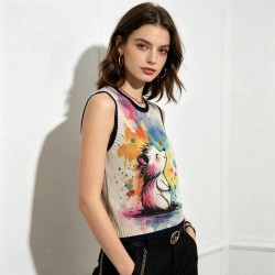 Women's Sleeveless Knit Top Crew Neck Contrast Trim Watercolor Hedgehog Print Loose Soft All-Season Daily Elegant Casual Top
