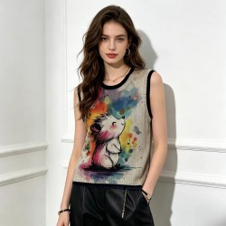 Women's Sleeveless Knit Top Crew Neck Contrast Trim Watercolor Hedgehog Print Loose Soft All-Season Daily Elegant Casual Top