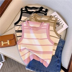 Fashion Comfortable Skin Friendly Knitted Lady Stripe T-shirt Wide Shoulder Strap Cross Shaped Women's Top