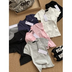 C0906 Solid Round Neck Letter Printed Short Sleeved T-shirt for Women Slim Fit Designer Casual Cotton Crop Top