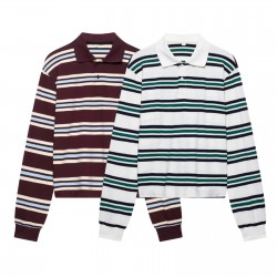 Women's 2026 Spring Chic Fashion Elegant Long Sleeve Striped for Polo Vintage Casual Female Top Breathable Slim Tee Shirt Tops