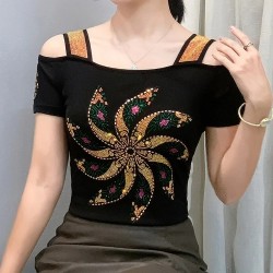 Shiny Rhinestone Off Shoulder Tops Windmill Pattern Mesh Tee Tops Nightclub Short Sleeve Shirts for Women
