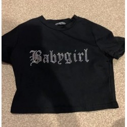 Baby Girl Rhinestones Women Round Neck Crop Tops Cropped Tee Sports Workout Crop Top