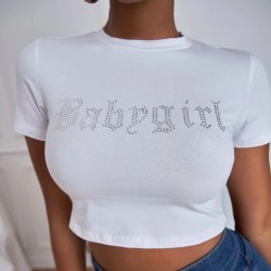 Baby Girl Rhinestones Women Round Neck Crop Tops Cropped Tee Sports Workout Crop Top