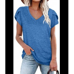 New Women's Sexy Club T-Shirts Short Sleeve V-Neck Casual Tops With Petal Sleeve Summer Print Clothing