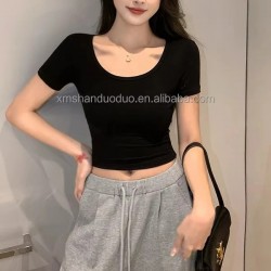 Summer Short Sleeved Women's T-Shirts High Waisted Tight Fitting Tops Sexy Exposed O-Neck Casual Knitted