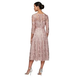 Womens Tea Length Embroidered Cocktail Dress with Illusion Sleeves, Wedding Guest (Petite and Regular Sizes)