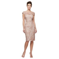 Womens Short Knee Length Floral Embroidered Cocktail Sheath, Wedding Guest Dress, (Petite and Regular Sizes)