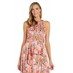 Women's Bright Floral Satin Peplum Halter Maxi Dress - Wedding Guest, Daytime Occasions