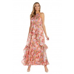 Women's Bright Floral Satin Peplum Halter Maxi Dress - Wedding Guest, Daytime Occasions