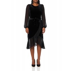 Women's Long Chiffon Balloon Sleeve Velvet Wrap Midi Dress