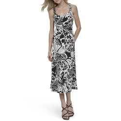Women's Sleeveless V-Neck Midi Dress with Logo Hardware on Strap