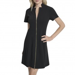 Women's Short Sleeve V-Neck Zipper Front Scuba Crepe Mini Dress